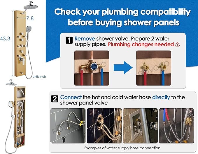 ROVOGO Gold Shower Panel Tower System, 4-Function (Rain Shower, Handheld Sprayer, Body Jets, Tub Spout) with Simultaneous Use Option, Stainless Steel Shower Column with Adjustable Head, 43.3"