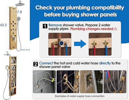 ROVOGO Gold Shower Panel Tower System, 4-Function (Rain Shower, Handheld Sprayer, Body Jets, Tub Spout) with Simultaneous Use Option, Stainless Steel Shower Column with Adjustable Head, 43.3"