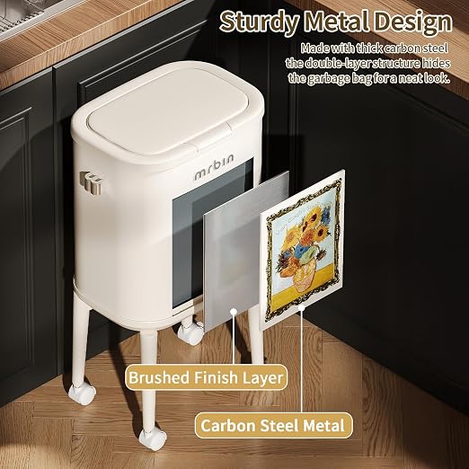 MRBIN Metal Slim Bathroom Trash Can with Legs and Wheels, 15L / 4gal Toilet Press Lid Waste Basket, Covered Office Garbage Pail for Near Desk, Narrow Vanity, Rvs, Kitchen, Sunflower