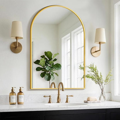 FGU Arched Bathroom Mirror for Over Sink 30"x20" Gold Vanity Mirror | Wall Mounted, HD Tempered Shatter-Proof Glass, Rust-proof Arched Metal Frame, Arch Mirror for Bedroom, Living Room, Entryway