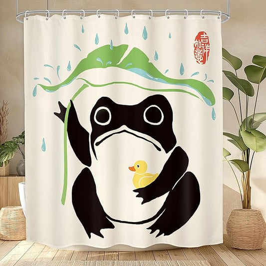 LGhtyro Funny Frog Shower Curtain Bathroom Set 60Wx71H Inches Asian Duck Traditional Art Japanese Cute Animal Taking Lotus Leaf Rain Bath Accessories Lovely Art Home Decor Fabric 12 Pack Hooks