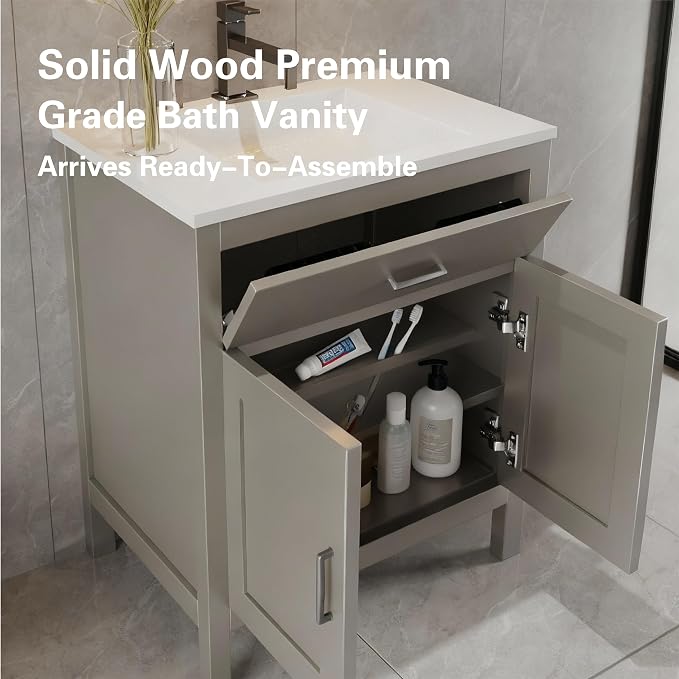 24" Light Grey Bathroom Vanity Base Only – Freestanding Solid Wood Sink Cabinet with Tip-Out Drawer, Shaker Style Storage, No Top or Sink, 36" W x 21" D x 34.5" H
