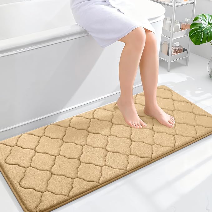 OLANLY Memory Foam Bath Mat Rug 47x20, Ultra Soft and Absorbent Bathroom Rugs, Non-Slip, Comfortable, Machine Washable Bath Carpet for Bathroom Floor, Tub, Shower and Home Decor Accessories, Beige
