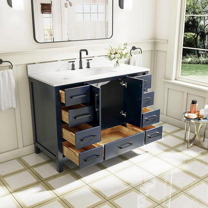 48-Inch Bathroom Vanity with Sink, 2 Soft-Close Doors and 9 Soft-Close Drawers, Bathroom Freestanding Vanity with Cultured Marble Countertop, Bathroom Navy Blue Vanity With Matte Black Handles
