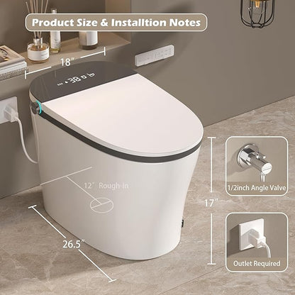 WinZo Smart Toilet with Bidet Built in, ADA One-Piece Toilet Auto Open/Close & Flush, Heated Seat, Front & Rear Wash, LED Display, Night Light, 12-inch Rough-in (Grey)