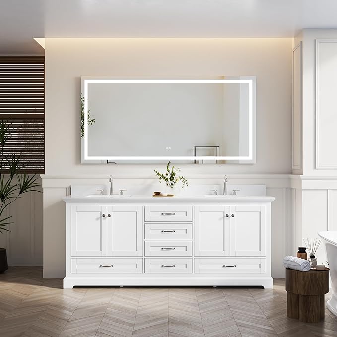 WELLFOR 80 Inch Bathroom Vanity with Double Sinks, Solid Wood Bathroom Vanity W/4 Soft-Close Doors and 6 Drawers, Cultured Marble Countertop Bathroom Vanities W/Sinks, White