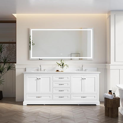 WELLFOR 80 Inch Bathroom Vanity with Double Sinks, Solid Wood Bathroom Vanity W/4 Soft-Close Doors and 6 Drawers, Cultured Marble Countertop Bathroom Vanities W/Sinks, White