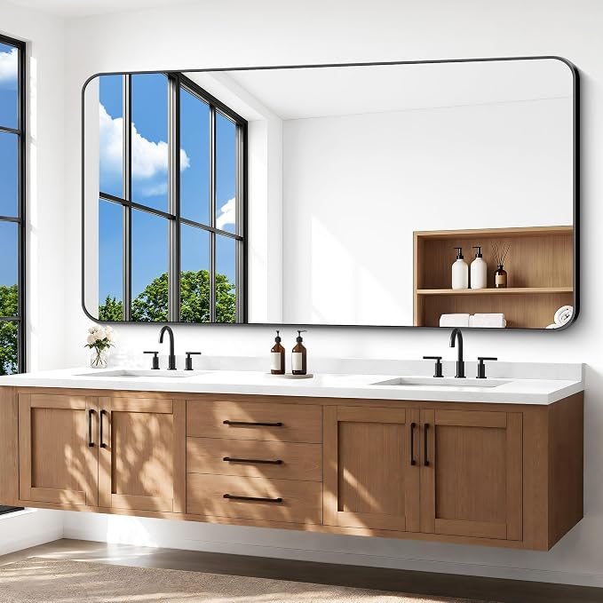 BONEWEI 72x40 inch Large Bathroom Mirror,Black Rectangle Mirror,Wall Mounted Bathroom Frame Vanity Mirror with Round Corner for Bedroom Living Room, Entryway Hangs Horizontal or Vertical