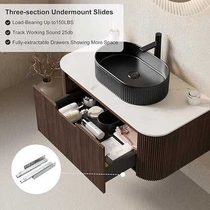 36 inch Bathroom Vanity with Sink, Wall-Mount Floating Bathroom Cabinet with Ultra-Thin Ceramic Basin and Marble Top, Large Storage Drawer, Soft-Close Design, Walnut with Balck