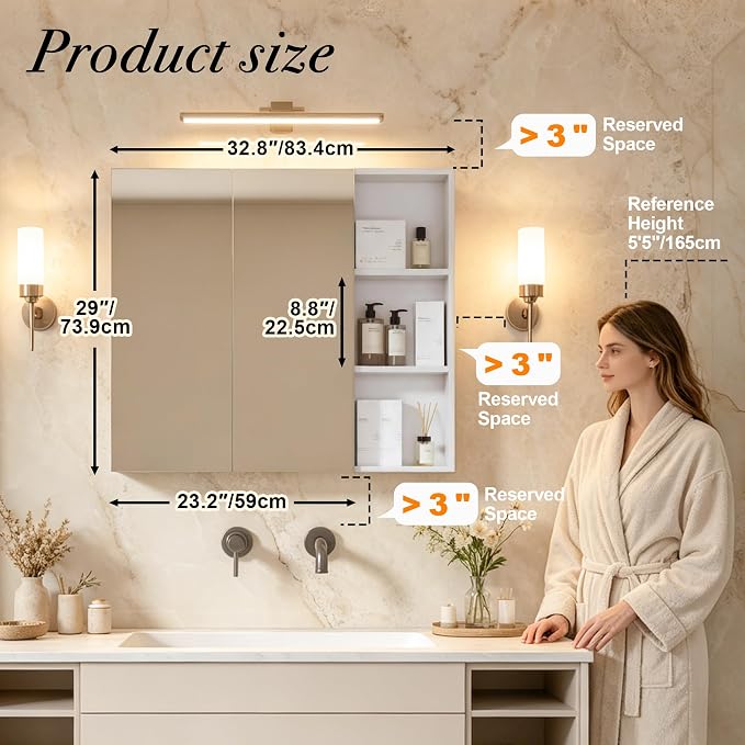 FKWin Double Door Medicine Cabinet Mirror, Wall Mount Bathroom Cabinet | Double Door Modern Surface Mount Medicine Cabinet, More Storage, Adjustable Shelves, Soft Close Hinges, White, 33x29 Inch