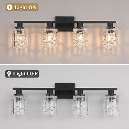 4 Light Matte Black Bathroom Vanity Light Over Mirror, Modern Vanity Lighting with Crystal Glass Shade, Wall Mount Bathroom Light Fixtures, E26 Base