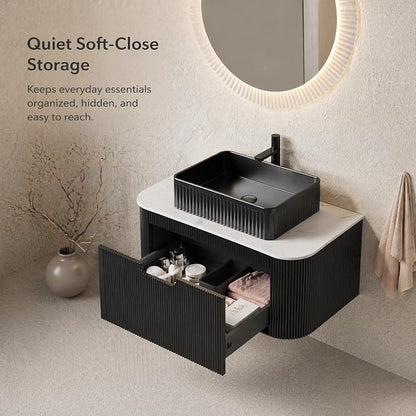 36 Inch Bathroom Vanity with Sink, Floating Wall Mounted Single Sink Vanity, Black Curved Fluted Front, Stone Top, Black Textured Rectangular Vessel Basin, Pre-Assembled