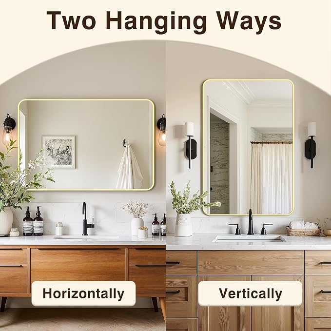 Vanity Gold Bathroom Mirror for Over Sink, 2 Pack 36”x24” | HD Tempered Glass, Anti-Rust Frame, Vertical or Horizontal, Wall Mirrors for Bathroom Sink, Living Room, Entryway, Bedroom