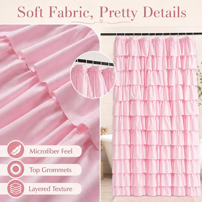 Pink Ruffle Shower Curtain for Master Bathroom, 72 x 84, Ruffled Layered | Romantic Feminine Aesthetic, Extra-long 72x84, 12 Hooks Included, Machine Washable, Cascading Ruffle Tiers, Soft Microfiber