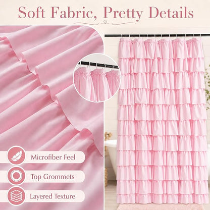 Pink Ruffle Shower Curtain for Master Bathroom, 72 x 84, Ruffled Layered | Romantic Feminine Aesthetic, Extra-long 72x84, 12 Hooks Included, Machine Washable, Cascading Ruffle Tiers, Soft Microfiber