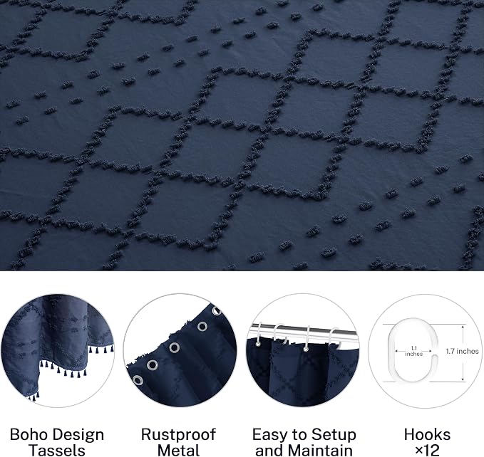 Siiluminisoy Extra Long Navy Blue Boho Shower Curtain Woven Fabric Farmhouse 96 Inch Curtain, 72 x Tufted Chevron Textured Striped Modern Minimalist Cloth Set with Hooks for Bathroom