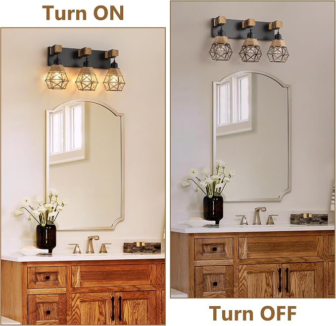 LmnLvn 3-Light Bathroom Vanity Light, Boho Farmhouse Hemp Rope Cage Shade | Wood & Black Metal Frame, Rustic Vanity Lighting, Mounted Over Mirror, Easy To Install for Restroom, Bedroom & Hallway