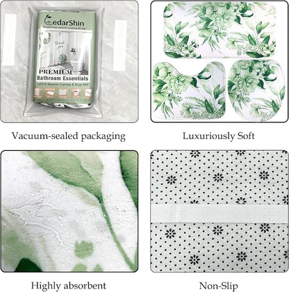 16 Pcs Sage Green Floral Shower Curtain Set with Rugs, Flower Bath Curtains and High Absorbent Non-Slip Mats, Thick 120GSM Fabric Curtain with 12 Metal Hooks (72x72 Inch)