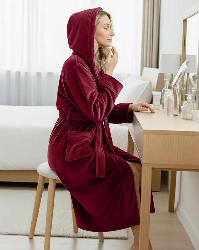 NY Threads Women's Fleece Hooded Bathrobe Plush Long Spa Robe, Medium