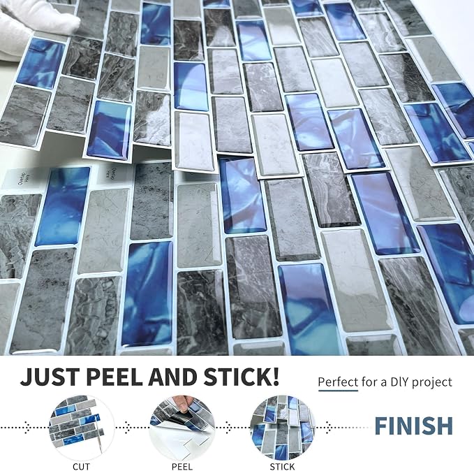 DEWOO Peel and Stick Backsplash 3D Self Adhesive Wall Tile Blue 10 Sheet | Sticky,Vinyl,Rental friendly,Marble,for Kitchen,Bathroom,12"x12"