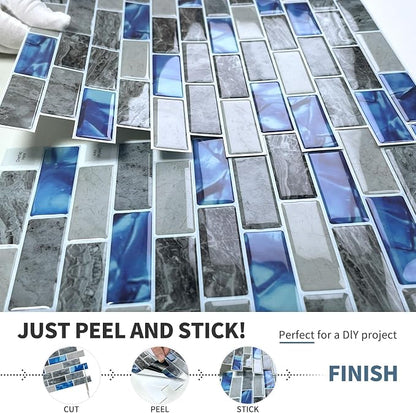 DEWOO Peel and Stick Backsplash 3D Self Adhesive Wall Tile Blue 10 Sheet | Sticky,Vinyl,Rental friendly,Marble,for Kitchen,Bathroom,12"x12"