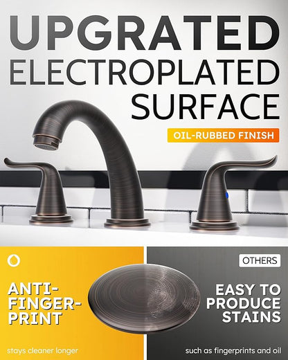 WOWOW Widespread Bathroom Faucet Oiled Rubbed Bronze Bathroom Sink Faucet 3 Hole Vanity Faucets 2 Handle Basin Faucet 8 Inch Mixer Tap with Pop Up Drain and Supply Hose