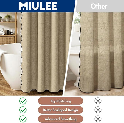 MIULEE Khaki Scalloped Linen Shower Curtain 72W x 72L | 12 metal hooks, Linen scalloped, waterproof washable, thick heavy cloth, black border, boho farmhouse, bathroom hotel use