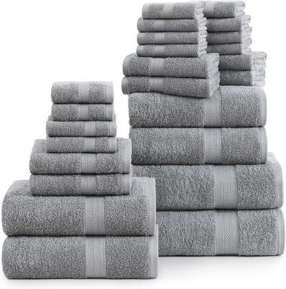 LANE LINEN Towel Set Soft Absorbent Quick Dry 100% Cotton 24 Piece - Grey | Cotton Bath Towels - Lightweight & Breathable, Fade-Resistant Color, Classic Terry Weave, Densely Woven & Durable