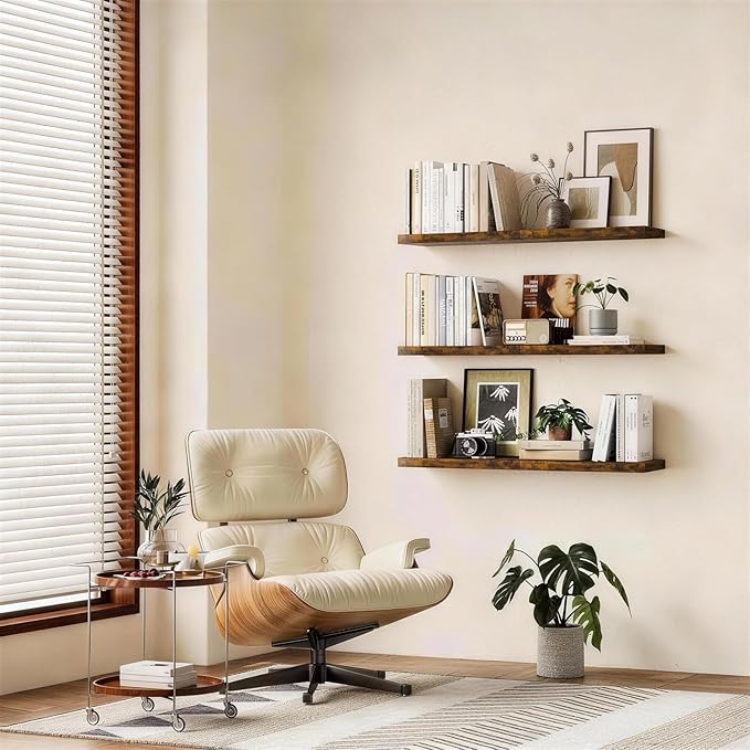 BAYKA Rustic Brown Floating Shelves 22.5in, Set of 2, Wall Mount Wood Shelf | Easy Install, 22lbs Max Load, Hidden Bracket, for Bathroom Bedroom Living Room or Kitchen, Hanging Shelf Book Decor Storage