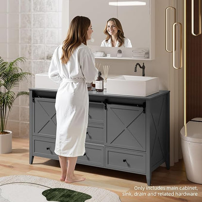 VNN Bathroom Vanity with Sink - 60 Inch Bathroom Vanity Double Sink Ceramic, Freestanding Cabinet with 2 Farmhouse Sliding Barn Doors and 5 Drawers, Space-Saving Storage Cabinet, Grey