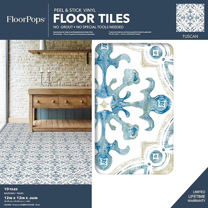 FloorPops 12-in by 12-in Tuscan Peel and Stick Floor Tiles (10 Tiles), (10 sq.ft./Carton)
