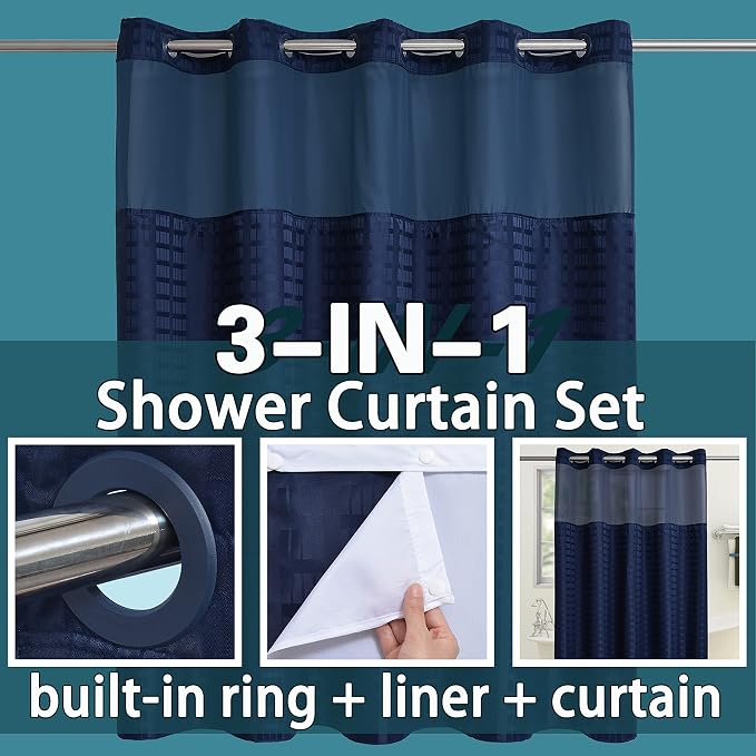 Conbo Mio Extra Long No Hook Shower Curtain with Snap in Liner Set, Hotel Luxury Navy Blue Shower Curtains for Bathroom with See Through Top Window, Waterproof, Washable 71W x 84H