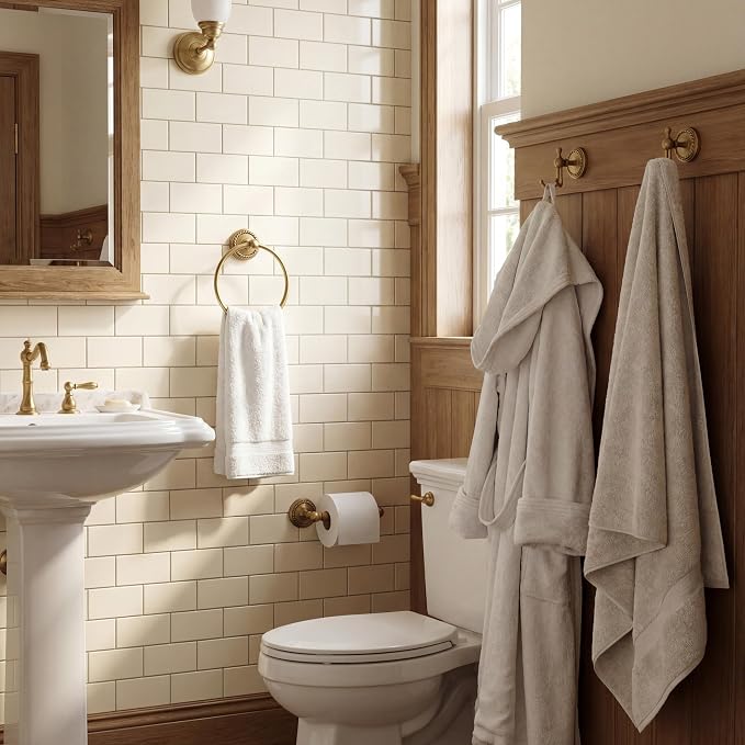4 Pcs Antique Brass Gold Bathroom Accessories Set, Towel Ring, Toilet Paper Holder & Robe Hooks, Wall Mounted Brushed Solid Brass with Vintage Finish for Bathroom Decor Hardware Fixture Set