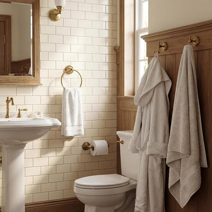 4 Pcs Antique Brass Gold Bathroom Accessories Set, Towel Ring, Toilet Paper Holder & Robe Hooks, Wall Mounted Brushed Solid Brass with Vintage Finish for Bathroom Decor Hardware Fixture Set