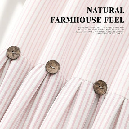 Farmhouse Shower Curtain Button Pink Stripe 72" W x 72" L | Farmhouse Style, Chic Button, Striped, Cotton Fabric, Rustic, Country, Natural Look, Washable, for Bathroom Bathtub