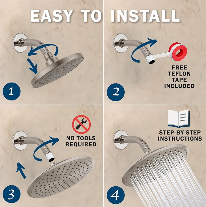 Waterfall Showerhead - 2.5 GPM - Brushed Nickel | 9 Inch Large Overhead Rain Shower Head With Self-Clean Nozzles, Adjustable Brass Ball Joint, High Flow Best With Extender Arm