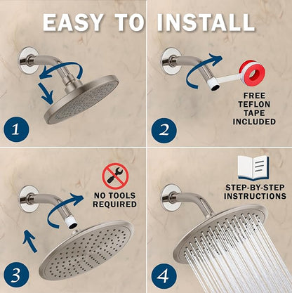 Waterfall Showerhead - 2.5 GPM - Brushed Nickel | 9 Inch Large Overhead Rain Shower Head With Self-Clean Nozzles, Adjustable Brass Ball Joint, High Flow Best With Extender Arm