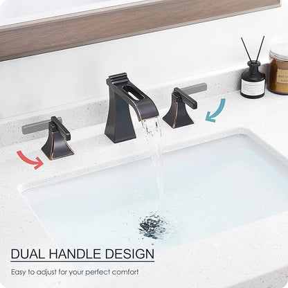Oil Rubbed Bronze Bathroom Faucet 3 Hole, Brass Waterfall 8 Inch Widespread Bathroom Sink Faucet with Pop-Up Drain, cUPC Supply Lines, 2 Handles for Vanity, Farmhouse, Hollowed Design