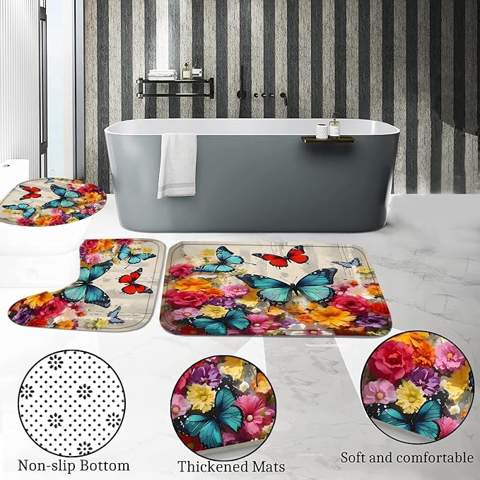 Chrainy 4pcs Flower Butterflies Shower Cutain Set Bathroom Decor with Rugs | Floral Bath Accessories with Waterproof Curtain, Bath Mat, Toilet Lid Cover, U-Shaped Rug and 12 Hooks for Washroom, 71*71in