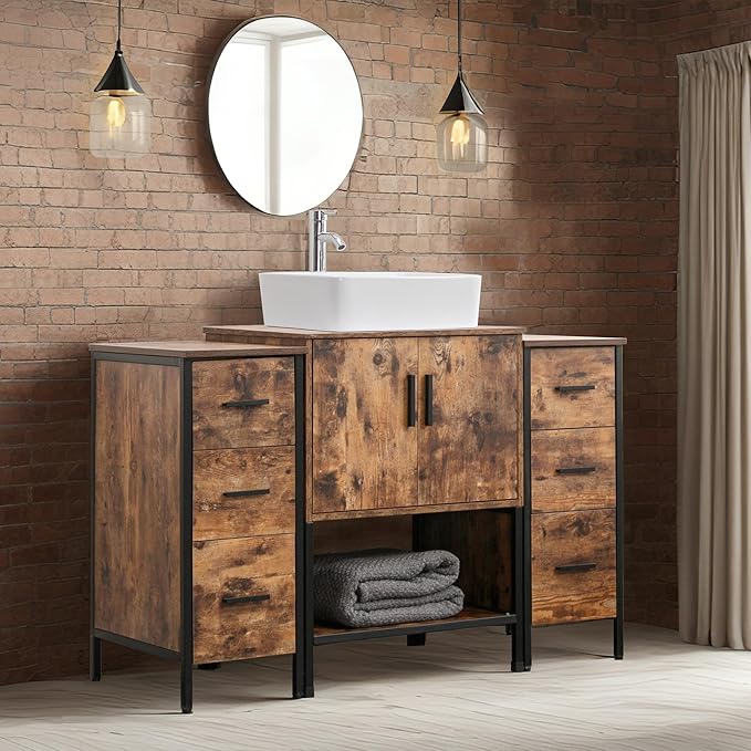 UEV 48" Antique Bathroom Vanity, Dark Brown Bathroom Vanity Set with Sink and 3 Drawers Side Cabinet Combo, Iron Wood Bathroom Cabinet with Adjustable Water Temperature Faucet (T03)