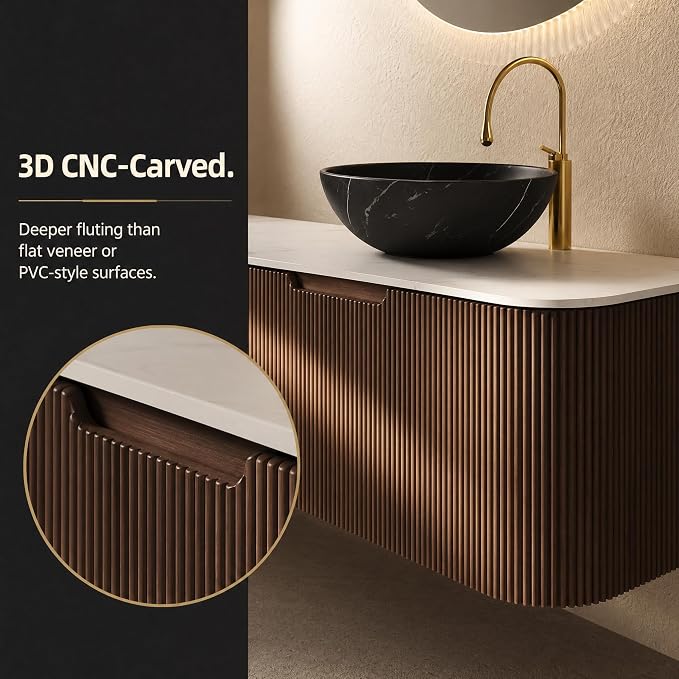 60 Inch Double Sink Bathroom Vanity, Floating Wall Mounted Cabinet, Dark Walnut Curved Fluted Front, Stone Top, Dual Black Marble Vessel Basins, Pre-Assembled