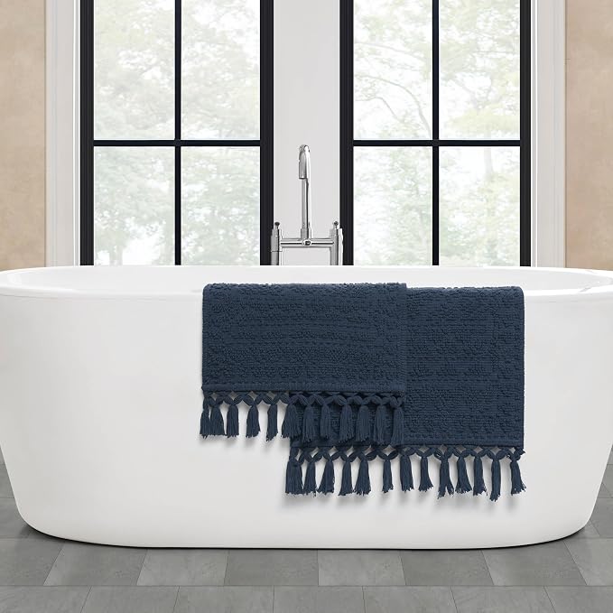 French Connection Nellore Bathroom Rugs, Set of 2 Woven and Beaded Bathroom Mats, Durable Bath Rugs, Thick Bath Mats for Bathroom and Shower Rugs, 17" x 28" and 20" x 38", Navy