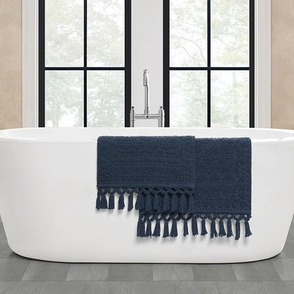 French Connection Nellore Bathroom Rugs, Set of 2 Woven and Beaded Bathroom Mats, Durable Bath Rugs, Thick Bath Mats for Bathroom and Shower Rugs, 17" x 28" and 20" x 38", Navy