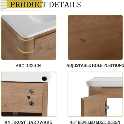 36-Inch Bathroom Vanity with Sink Mid-Century Bathroom Vanities with Top Basin Floor Wood Bathroom Sink Cabinet with Soft-Close Doors & Adjustable Storage Shelves (Brown)