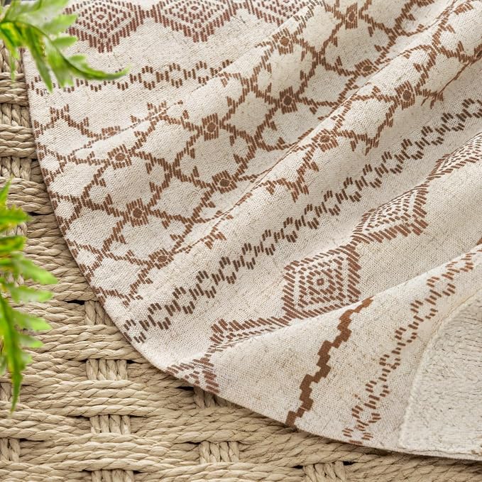 Brown Boho Linen Shower Curtain,72" W x 72" L | Linen Striped Print and Twine-Inspired Woven Center for Bathroom