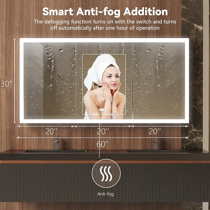 60" W x 30" H Smart Lighted Medicine Cabinet with Mirror for Bathroom, Recessed/Surface Mount Medicine Cabinet with Anti-Fog, 1800W Charging Station, USB Ports, 3 Color Lights