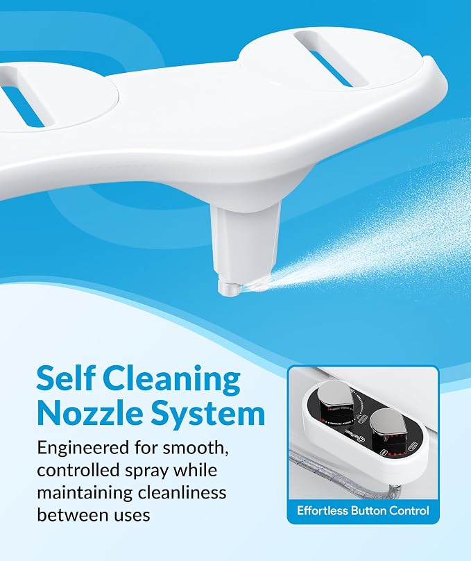 CLEAR REAR Bidet Attachment for Toilet Seat - Non-Electric with Self Cleaning Dual Nozzles, Leak Proof Connectors, Adjustable Water Spray, Rear & Feminine Wash - Hygienic Bathroom Upgrades