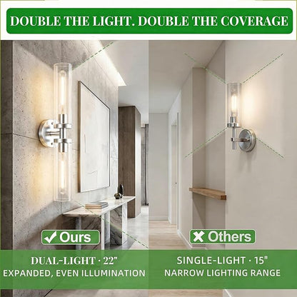Wall Sconces 2-Pack, Hardwired Bathroom Light Fixtures, Modern Farmhouse Vanity Wall Lighting with Clear Glass Shades, E26 Base Wall Sconce Wall Lights for Bathroom Wall Decor, Brushed Nickel