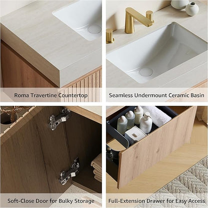 36” Floating Bathroom Vanity with Sink, Wall-Mounted Cabinet with Drawer & Doors, Roma Travertine-Pattern Countertop, Undermount Basin, 3 Faucet Hole, Soft-Close, Pre-Assembled, Light Oak