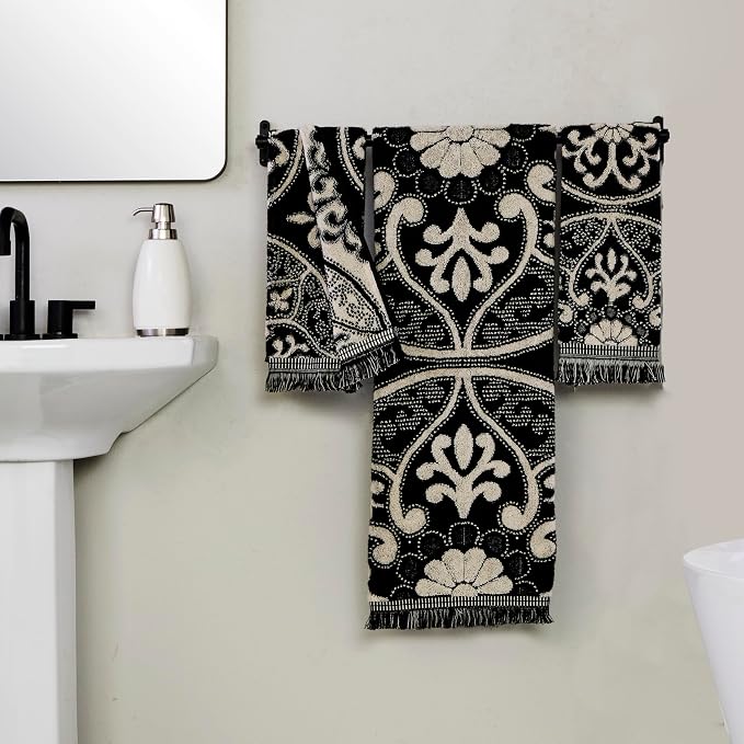 SKL Home Amherst Medallion Hand Towel Set-2pc, Premium 100% Cotton, Black | 600 GSM. Spa-level quality. Soft & absorbent, reversible jacquard. For the bathroom, kitchen, bar or any sink space.